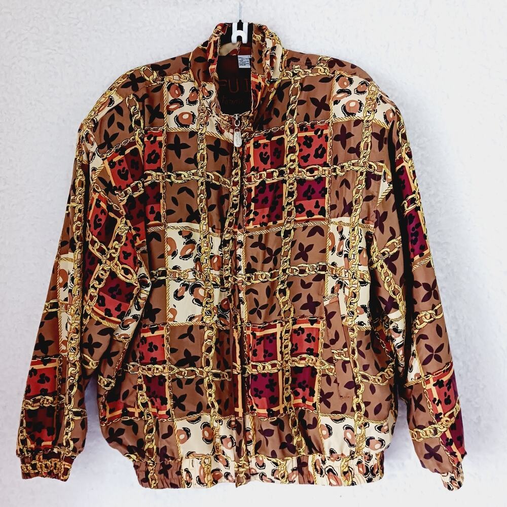 Jacket FUDA International Zipper Women VTG Silk Pockets Bomber Chain Brown Sz L